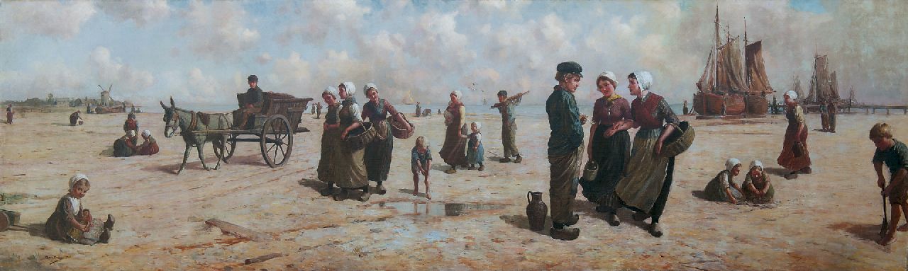 Houben H.  | Henri Houben, Jong vissersvolk op het strand, olieverf op doek 92,0 x 305,0 cm, gesigneerd linksonder en gedateerd 1907