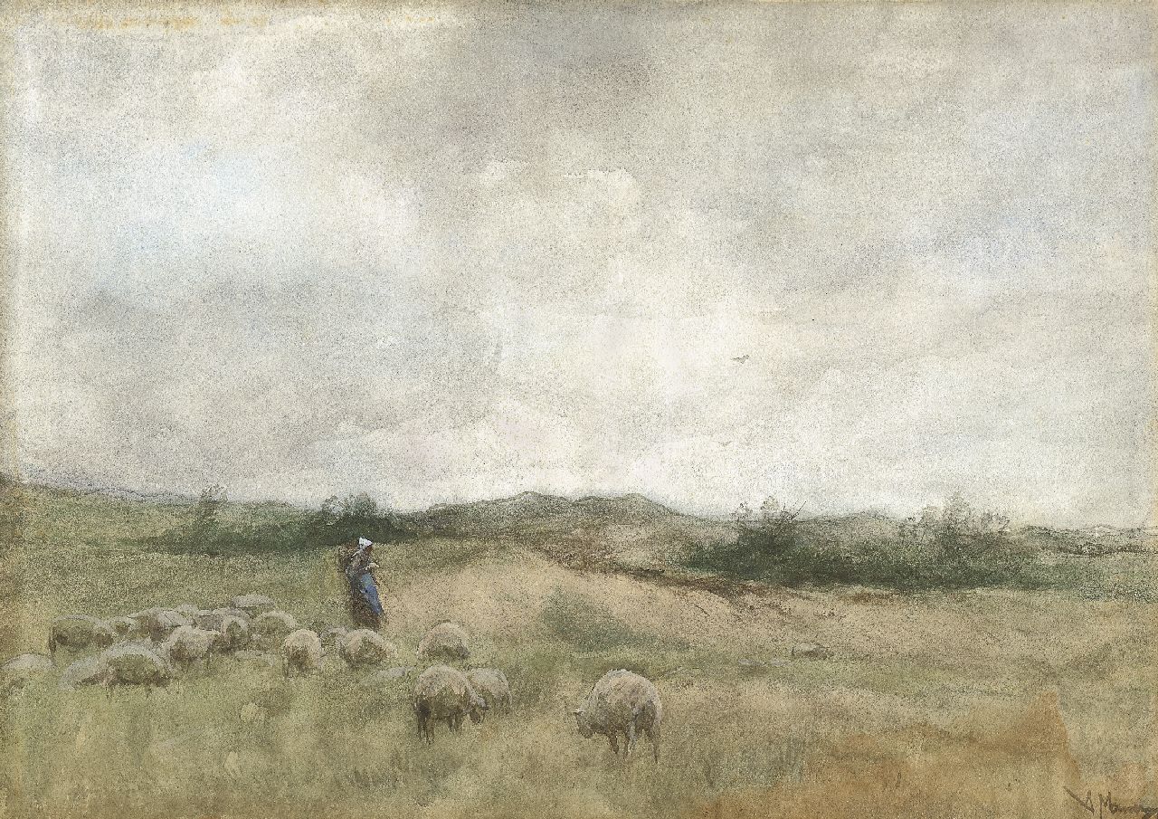Mauve A.  | Anthonij 'Anton' Mauve, Herderin met haar kudde, aquarel op papier 25,7 x 36,3 cm, gesigneerd rechtsonder