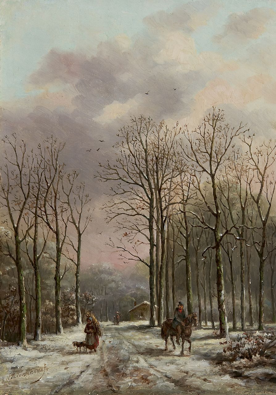 Voorn Boers S.T.  | Sebastiaan Theodorus Voorn Boers, Winters bospad met figuren, olieverf op paneel 32,6 x 24,3 cm, gesigneerd linksonder