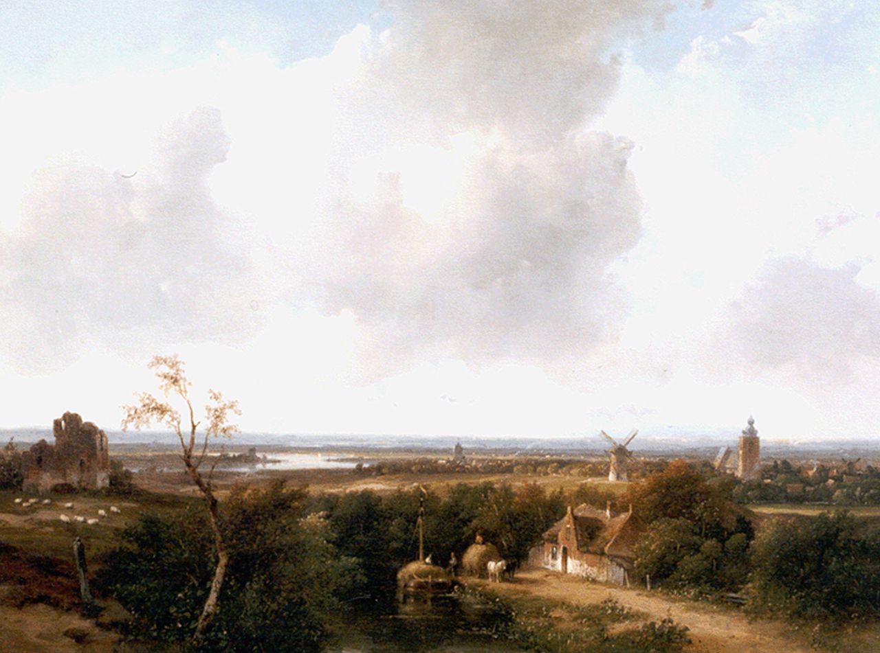 Schelfhout A.  | Andreas Schelfhout, Panoramisch zomerlandschap met ruine van Brederode, olieverf op paneel 34,4 x 43,8 cm, gesigneerd linksonder en gedateerd '59