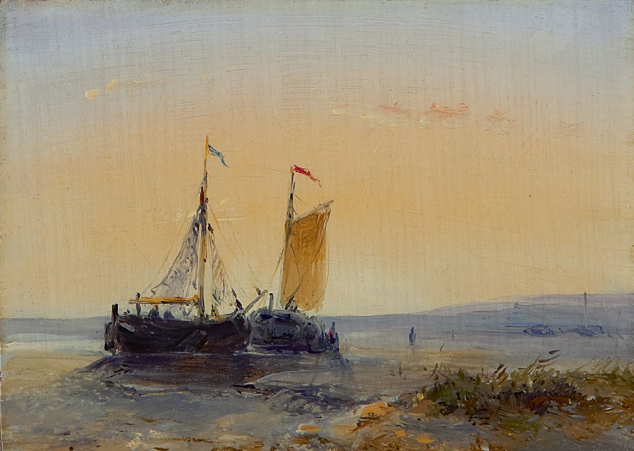 Hans J.G.  | Josephus Gerardus Hans, Twee bomschuiten op het strand bij zonsondergang, olieverf op paneel 9,0 x 12,5 cm