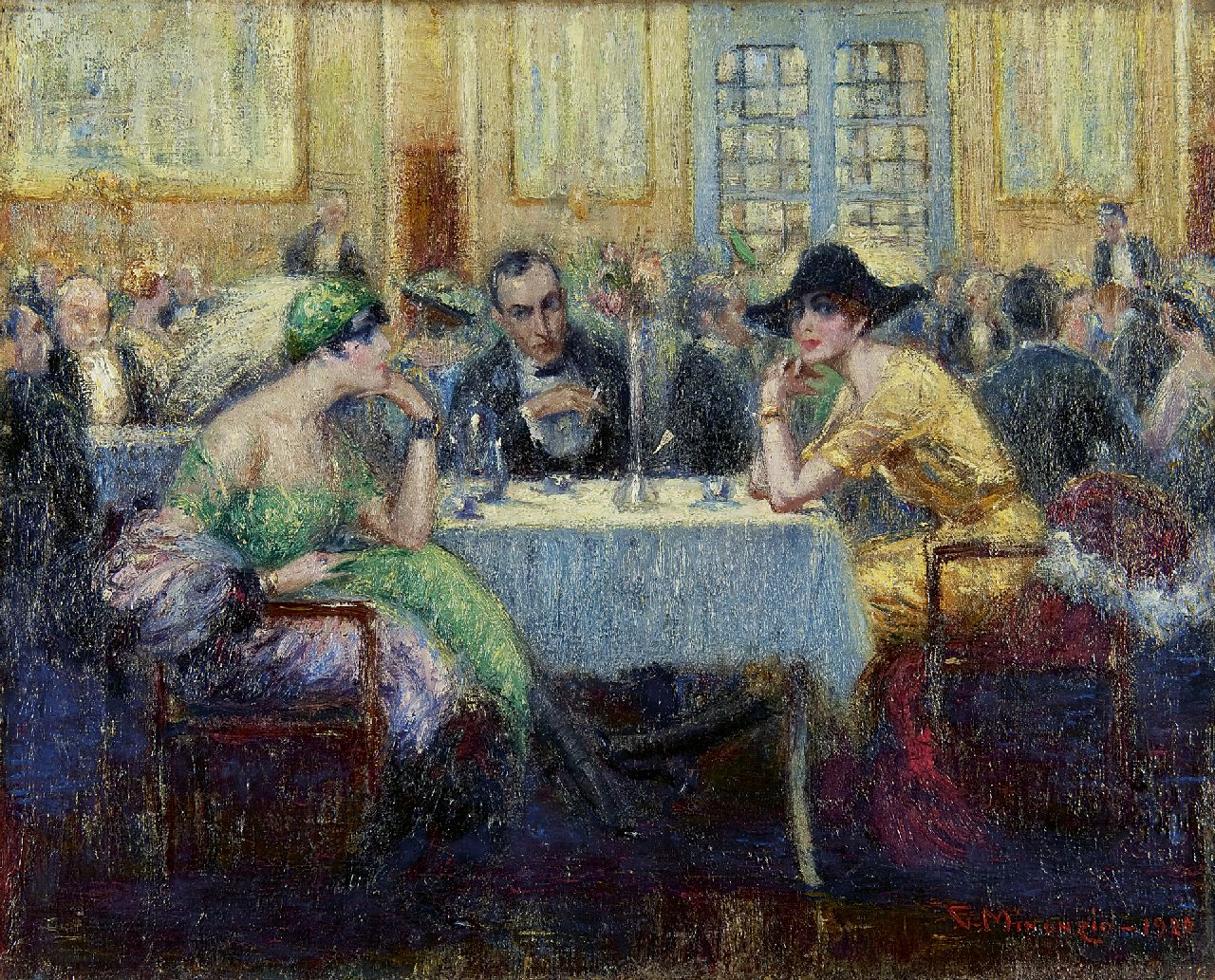 Minonzio G.  | Giuseppe Minonzio, In het Grand Café, olieverf op doek 40,2 x 50,0 cm, gesigneerd rechtsonder en gedateerd 1920