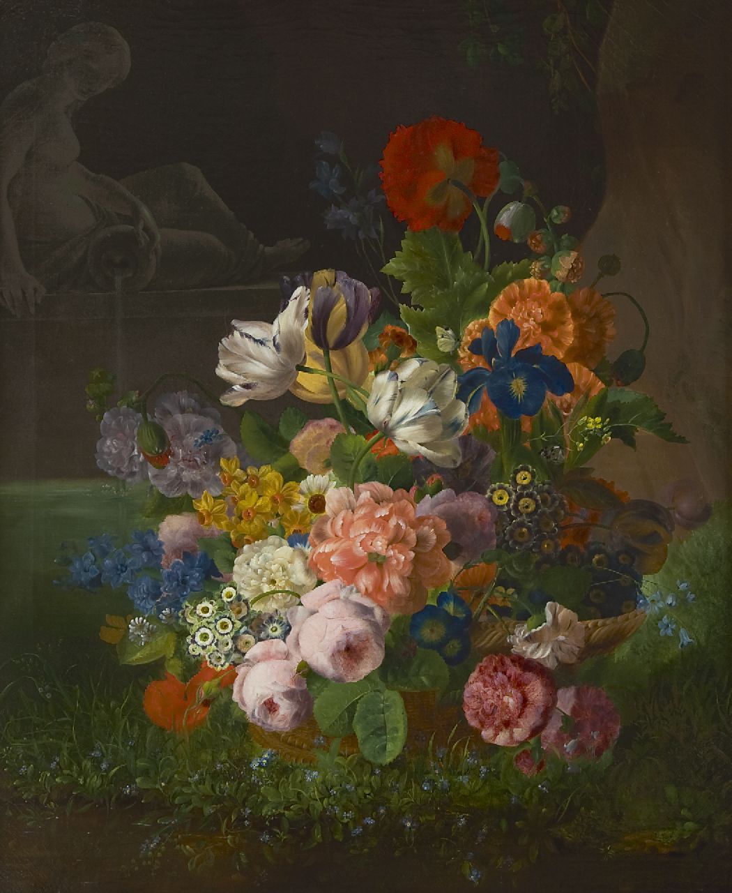 Geit F. van | François van Geit, Bloemen in een mand bij een vijver, olieverf op doek 96,8 x 80,3 cm