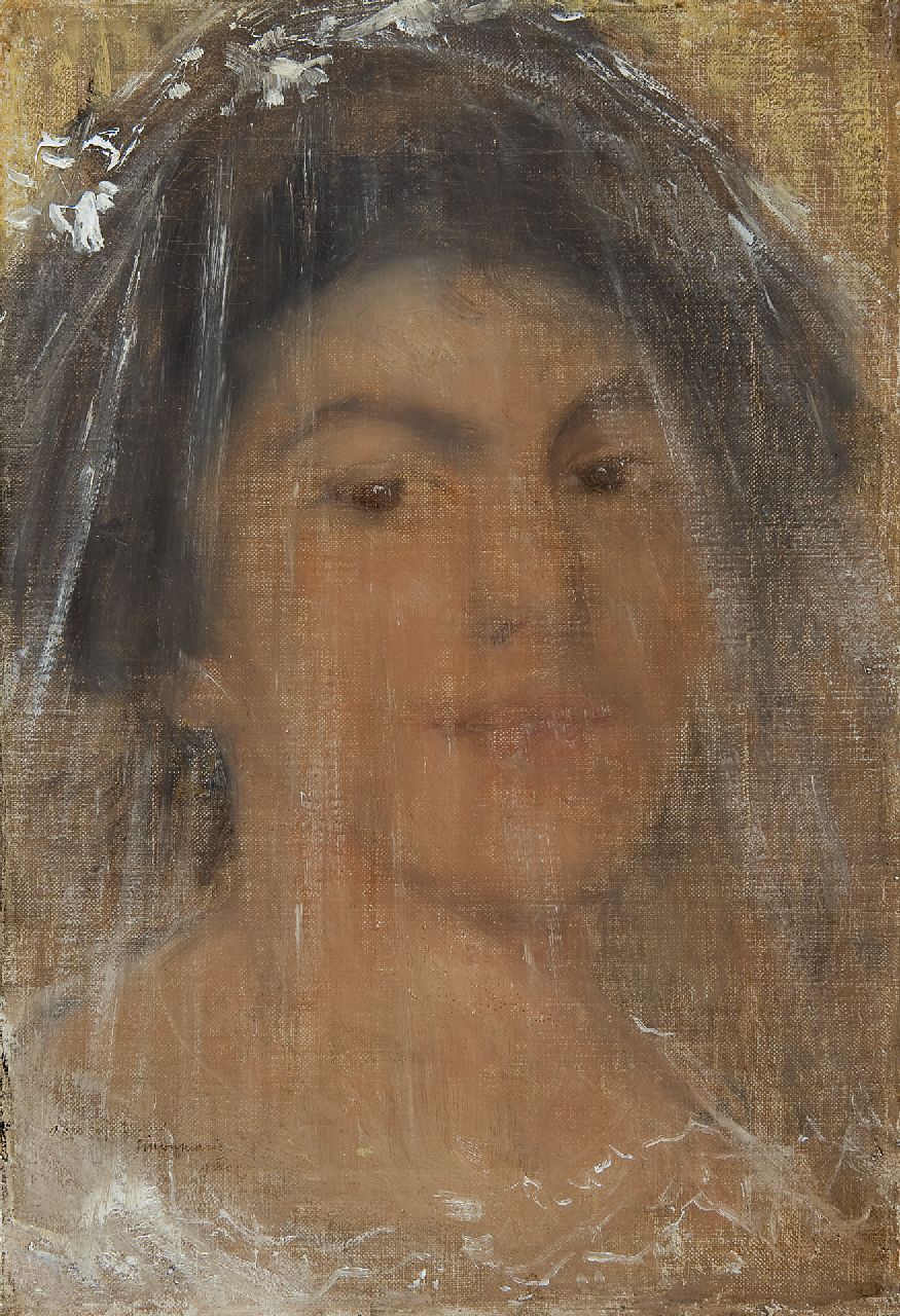 Maris S.W.  | Simon Willem Maris, Jonge vrouw met sluier, olieverf op doek 38,5 x 26,2 cm, gesigneerd linksonder en gedateerd 9 Dec. '09