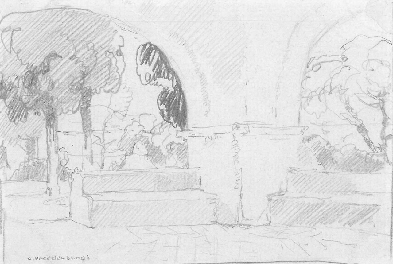 Vreedenburgh C.  | Cornelis Vreedenburgh | Aquarellen en tekeningen te koop aangeboden | Een kloosterhof, potlood op papier 9,1 x 13,8 cm, gesigneerd linksonder