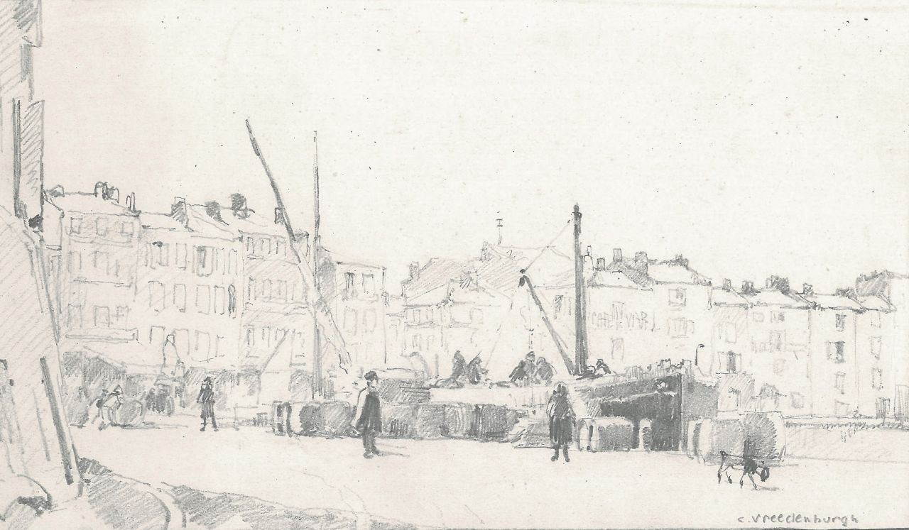 Vreedenburgh C.  | Cornelis Vreedenburgh, In- en uitladen van vracht aan de kade, potlood op papier 10,9 x 18,9 cm, gesigneerd rechtsonder