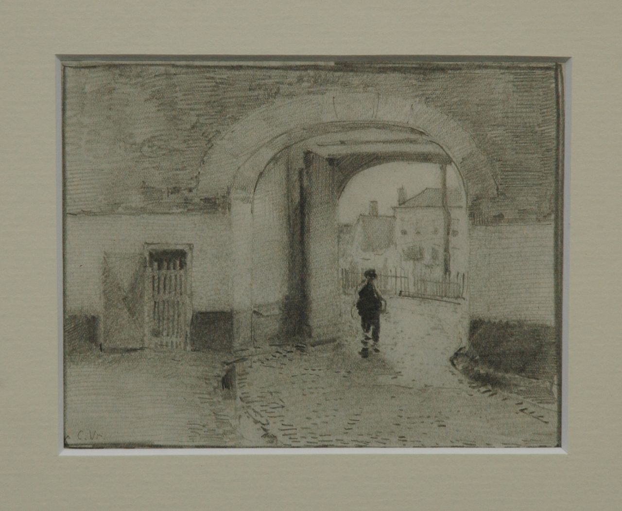Vreedenburgh C.  | Cornelis Vreedenburgh, Wandelaar onder een stadspoort, potlood op papier 12,5 x 15,8 cm, gesigneerd linksonder met initialen