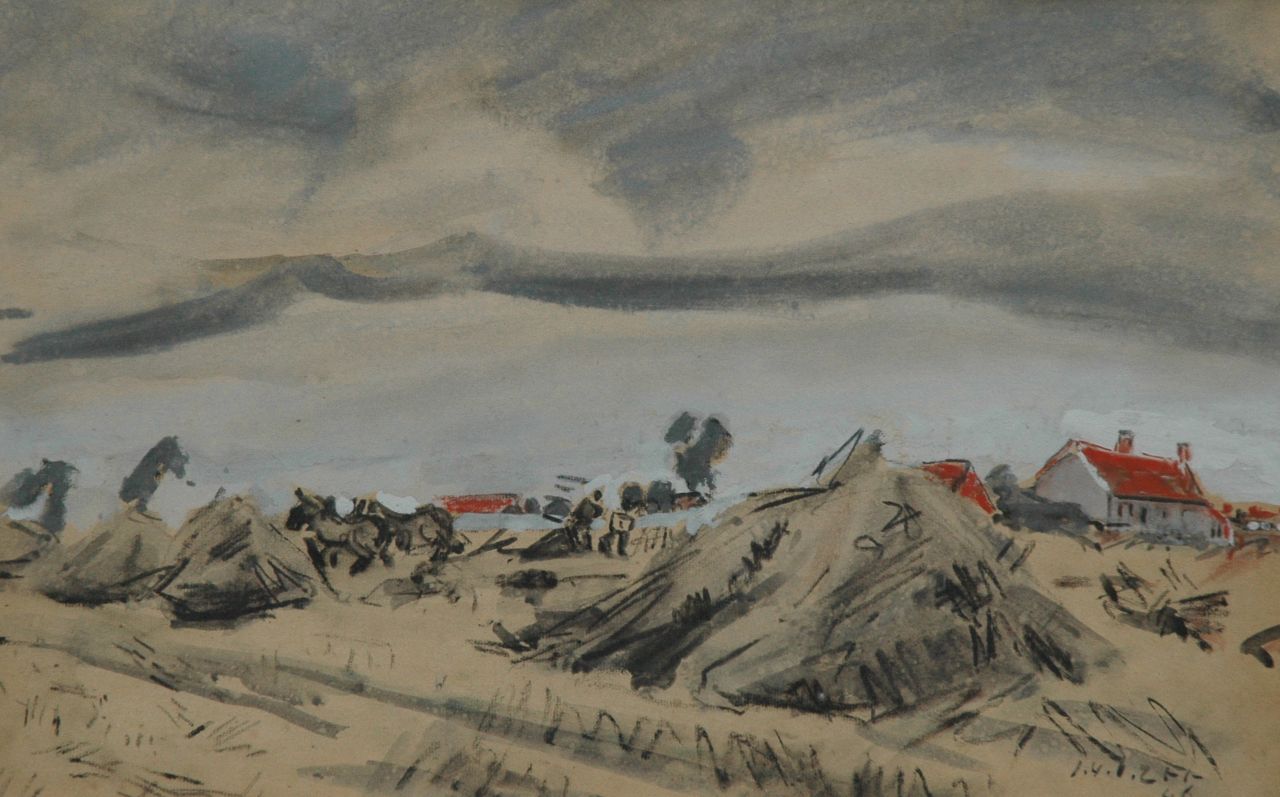Zee J. van der | Jan van der Zee, Akker met ploegende boer, krijt, aquarel en gouache op papier 31,5 x 50,0 cm, gesigneerd rechtsonder en gedateerd '46 Zee J. van der | Jan van der Zee, Akker met ploegende boer, krijt, aquarel en gouache op papier 31,5 x 50,0 cm, gesigneerd rechtsonder en gedateerd '46