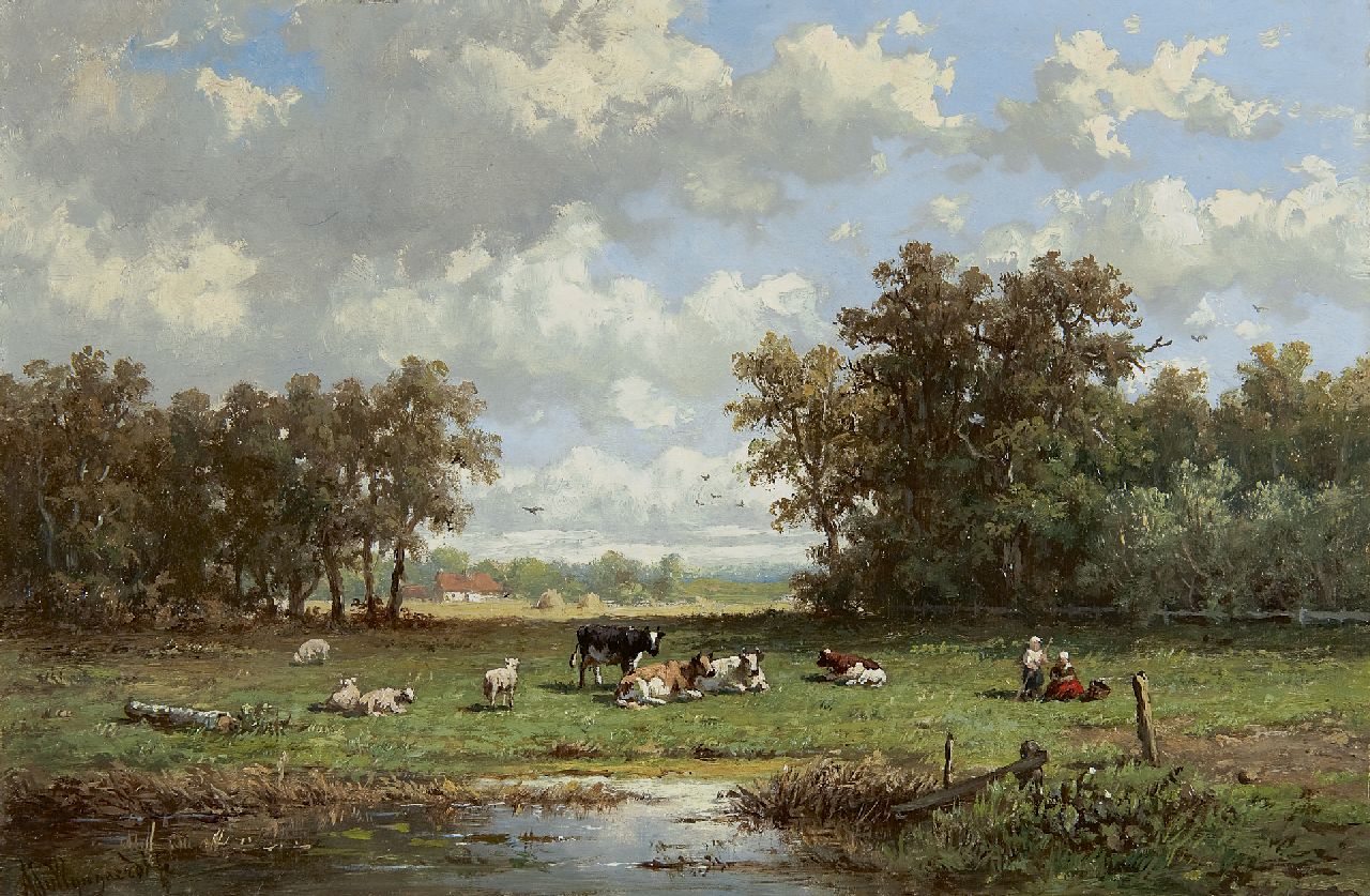 Wijngaerdt A.J. van | Anthonie Jacobus van Wijngaerdt, Weiland met rustend vee en hoedster, olieverf op paneel 23,6 x 35,7 cm, gesigneerd linksonder