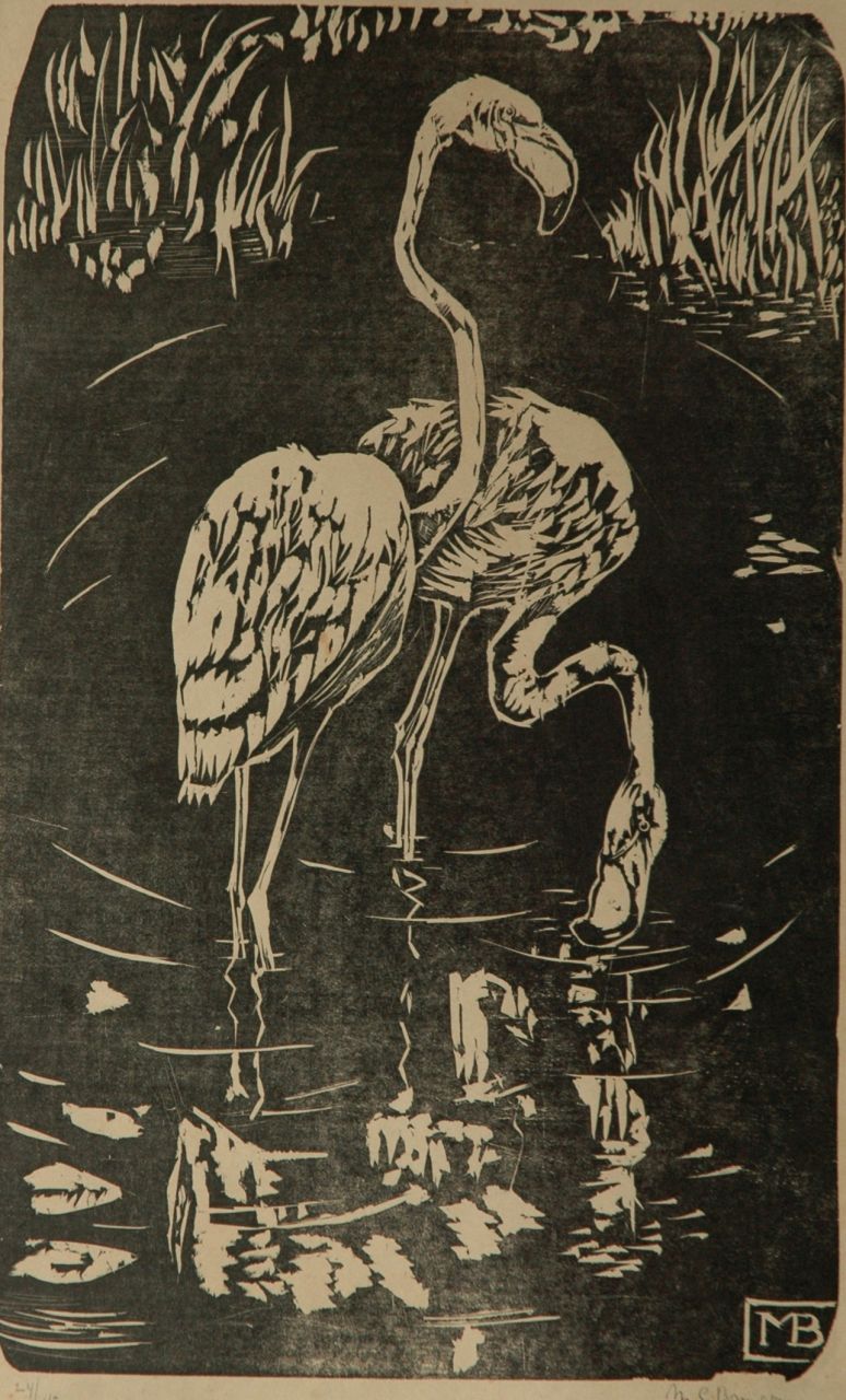 Bruigom M.C.  | Margaretha Cornelia 'Greta' Bruigom | Grafiek te koop aangeboden | Twee flamingo's, litho 49,0 x 32,4 cm, gesigneerd rechtsonder in de steen met monogram en rechtsonder voluit