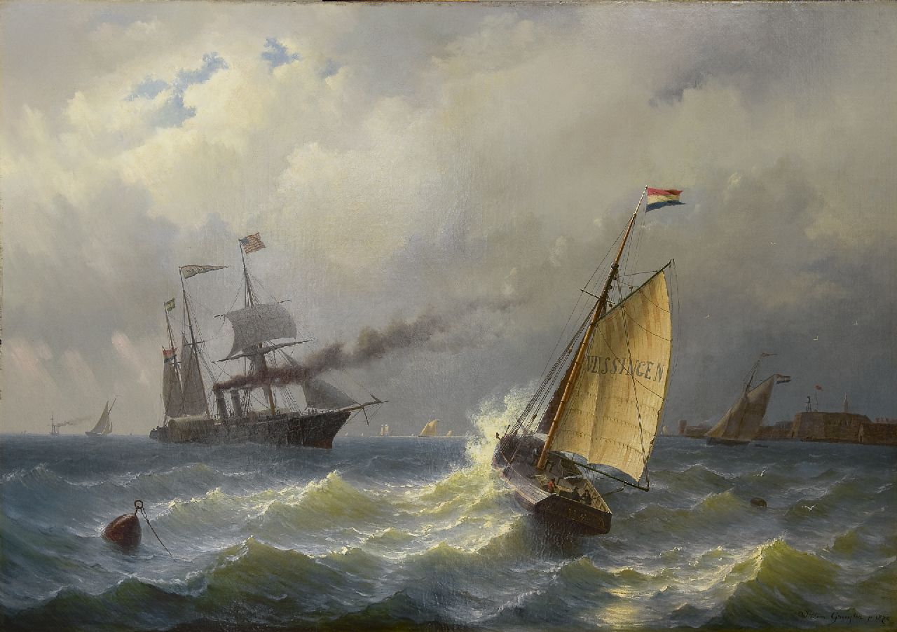 Gruijter jr. W.  | Willem Gruijter jr., Loodskotter en raderstoomschip op de rede van Vlissingen, olieverf op doek 90,8 x 131,8 cm, gesigneerd rechtsonder voluit en met mon. op de spiegel v.h. schip en gedateerd 1870