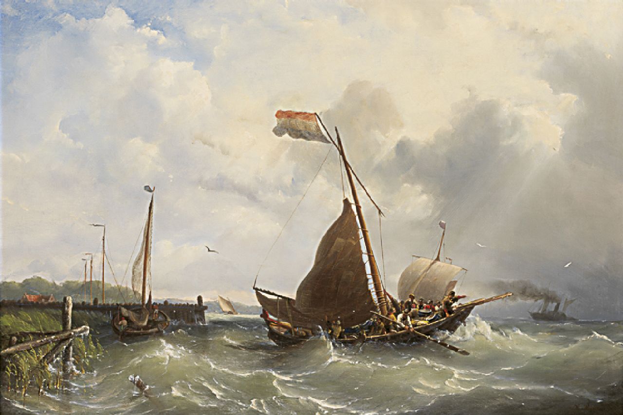 Riegen N.  | Nicolaas Riegen, Uitvarende zeilschepen en stoomboot, olieverf op doek 59,5 x 87,1 cm, gesigneerd rechtsonder