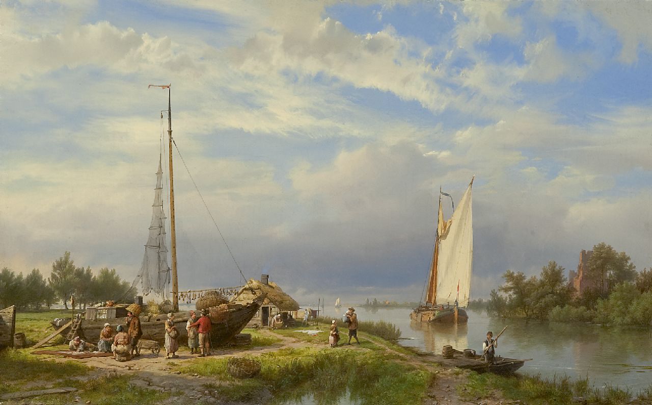 Koekkoek H.  | Hermanus Koekkoek, Langs de rivier op een zomerse dag, olieverf op doek 36,8 x 58,0 cm, gesigneerd linksonder