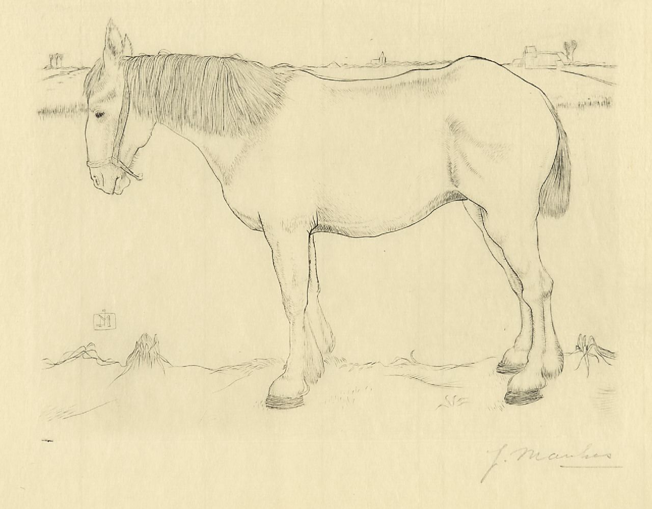 Mankes J.  | Jan Mankes, Paard naar links staand, kopergravure op papier 14,0 x 17,5 cm, gesigneerd rechtsonder voluit (in potlood) en met mon. in de plaat en te dateren 1917
