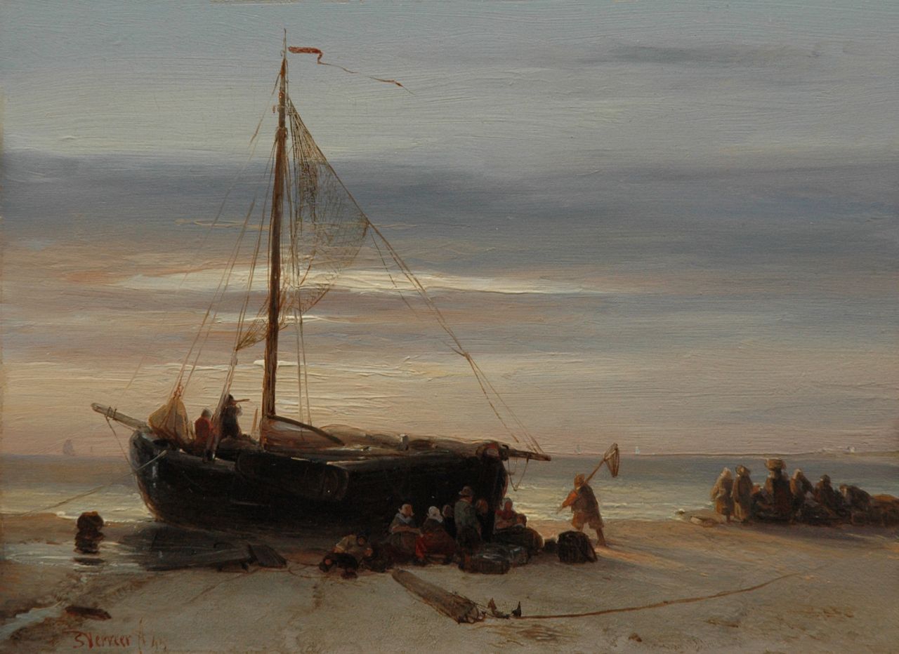 Verveer S.L.  | 'Salomon' Leonardus Verveer, Visafslag op het strand bij zonsondergang, olieverf op paneel 17,9 x 24,1 cm, gesigneerd linksonder en gedateerd '43