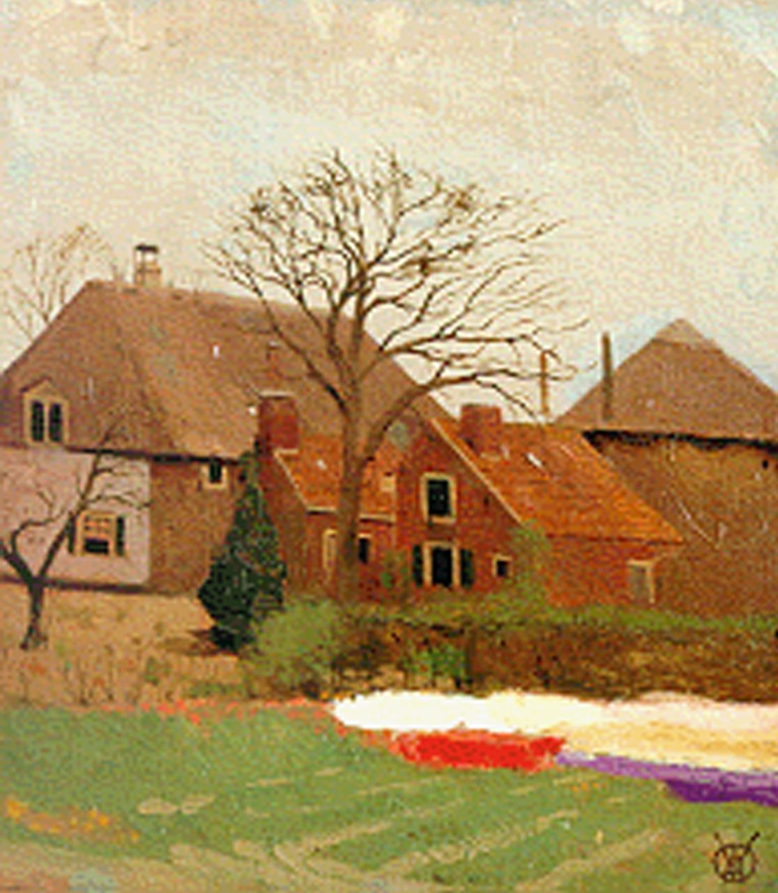 Dijsselhof G.W.  | Gerrit Willem Dijsselhof, Boerderij Bronstee in Heemstede, olieverf op doek op paneel 23,8 x 21,1 cm, gesigneerd rechtsonder mon en te dateren 1906