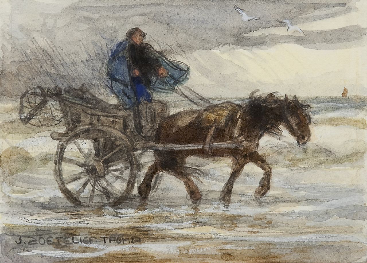 Zoetelief Tromp J.  | Johannes 'Jan' Zoetelief Tromp, Schelpenvisser met paard-en-wagen in de branding, potlood en aquarel op papier 12,7 x 16,8 cm, gesigneerd linksonder