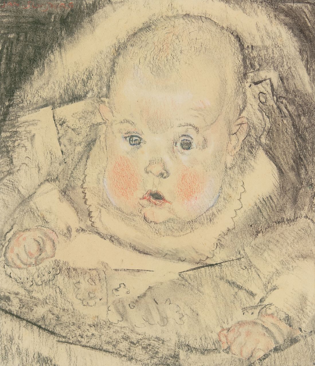 Sluijters J.C.B.  | Johannes Carolus Bernardus 'Jan' Sluijters | Aquarellen en tekeningen te koop aangeboden | Baby in wieg, houtskool en krijt op papier 29,0 x 25,3 cm, gesigneerd linksboven