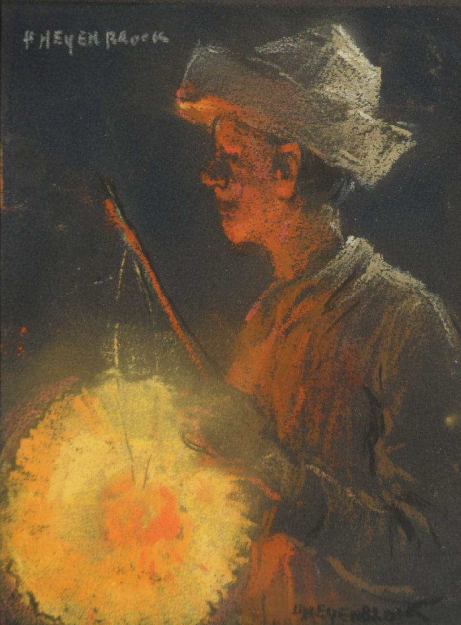 Heijenbrock J.C.H.  | Johan Coenraad Hermann 'Herman' Heijenbrock, Jongen met lampion, pastel op zwart papier 11,8 x 8,9 cm, gesigneerd gesigneerd linksboven en rechtsonder