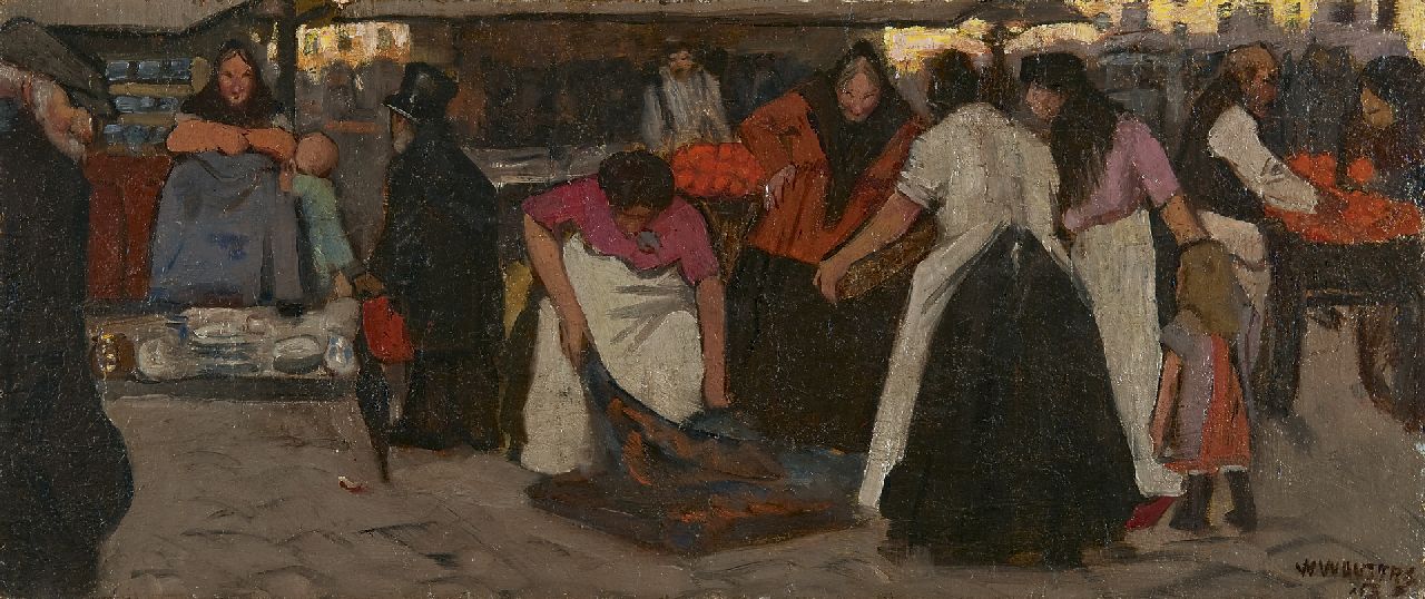 Wouters W.H.M.  | Wilhelmus Hendrikus Marie 'Wilm' Wouters, Marktscène, olieverf op doek op board 22,0 x 52,2 cm, gesigneerd rechtsonder
