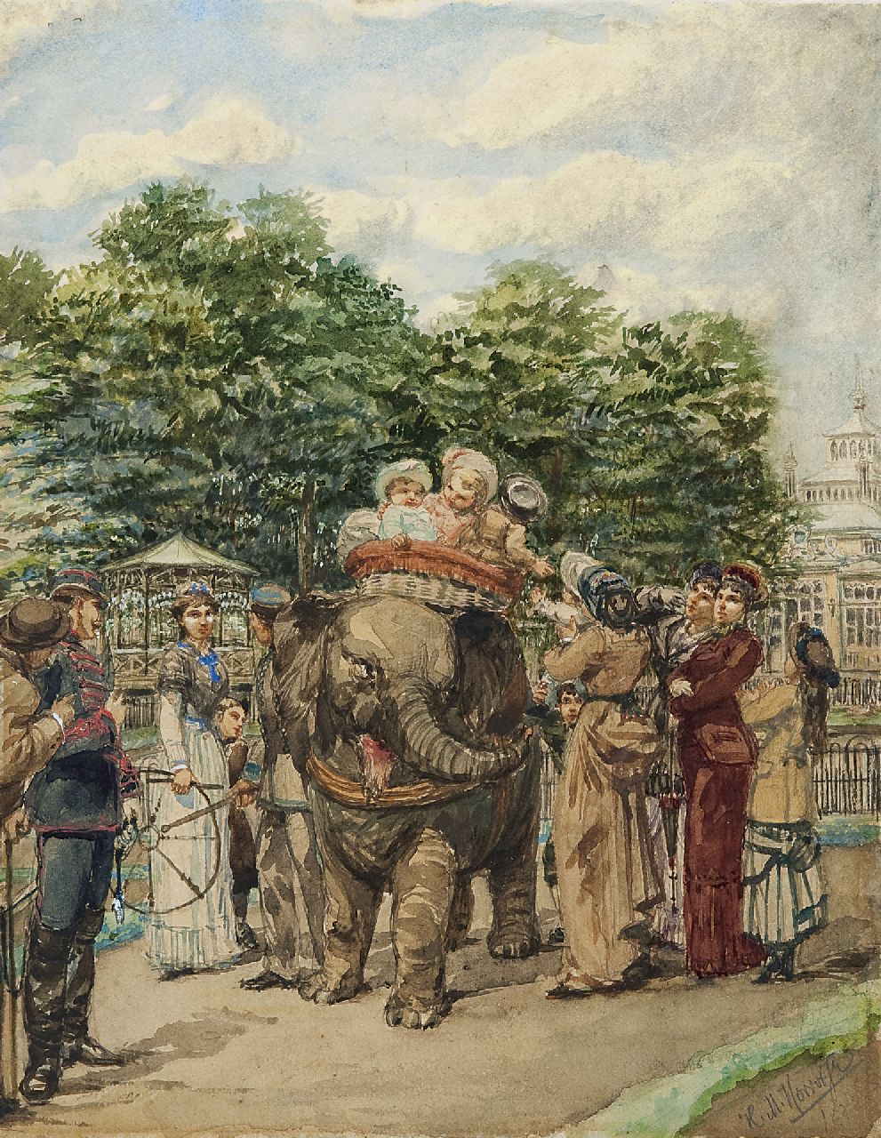 Horrix H.M.  | Hendrikus Matheus 'Mathieu' Horrix, De dierentuin in Den Haag: een ritje op de olifant, aquarel op papier 28,5 x 22,3 cm, gesigneerd rechtsonder