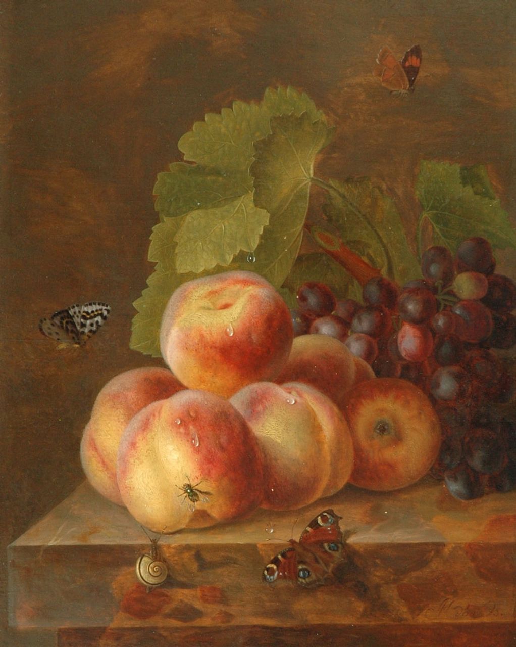 Os M.M. van | Maria Margaretha van Os, Stilleven met perziken en druiven, olieverf op paneel 40,1 x 32,0 cm, gesigneerd rechtsonder