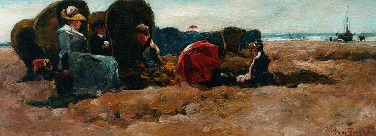 Zwart W.H.P.J. de | Wilhelmus Hendrikus Petrus Johannes 'Willem' de Zwart, Aan het strand, olieverf op paneel 14,0 x 36,0 cm, gesigneerd rechtsonder