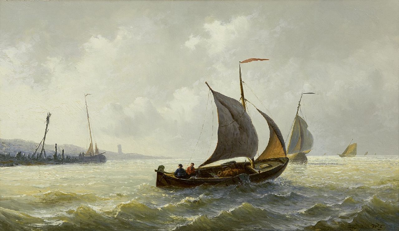 Willem Gruijter jr. | Zeilschepen op woelig water, olieverf op paneel, 29,9 x 50,1 cm, gesigneerd r.o. met initialen en verso voluit en verso gedateerd 1878