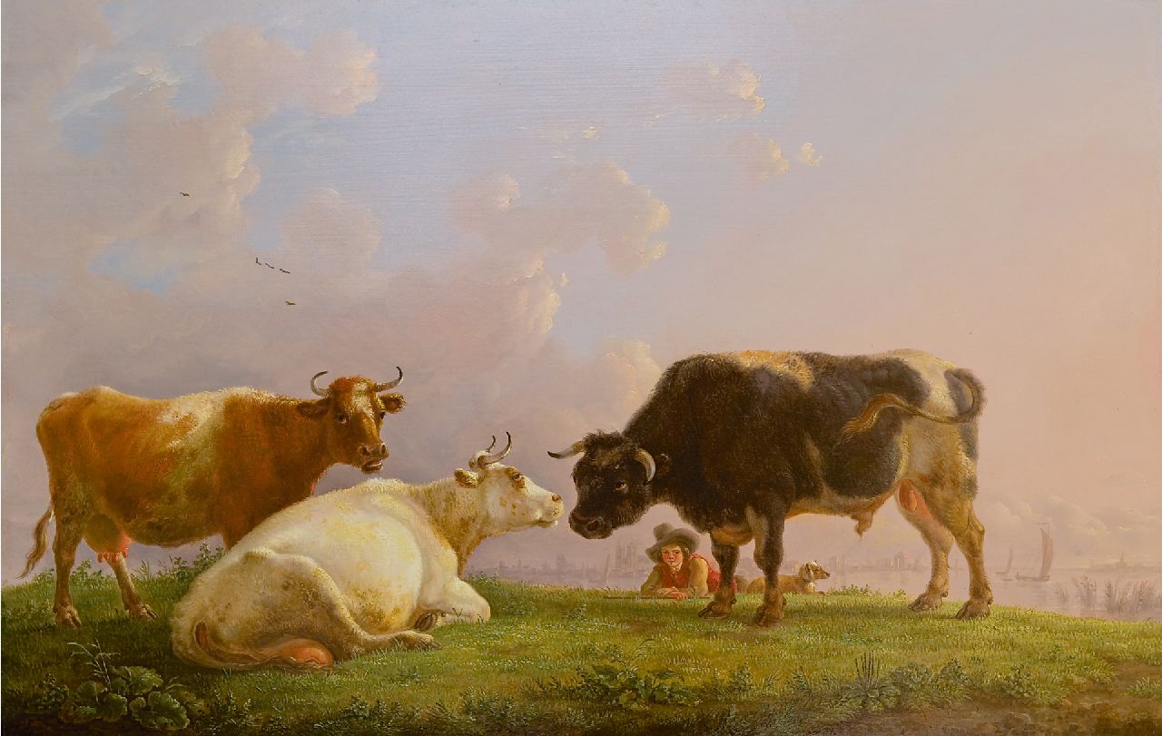 Jean Baptiste De Roy | Herdersjongen met koeien en stier, een stad in de verte, olieverf op paneel, 41,5 x 64,5 cm, gesigneerd r.o. en te dateren ca. 1825-1835