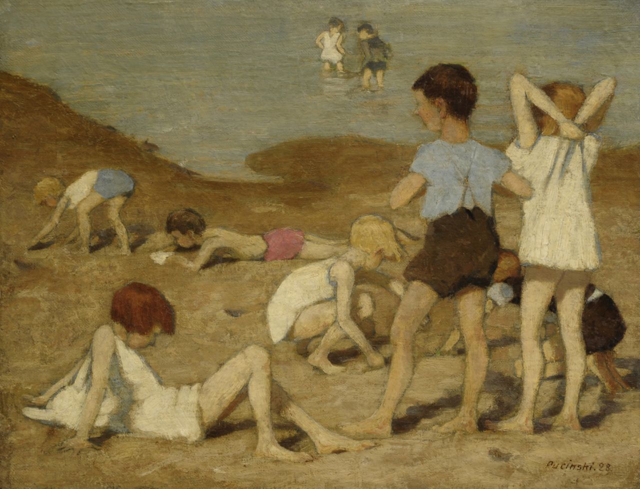 Pucinski V.  | Viktor Pucinski, Kinderen aan het strand, olieverf op doek 35,9 x 45,8 cm, gesigneerd rechtsonder en gedateerd '28