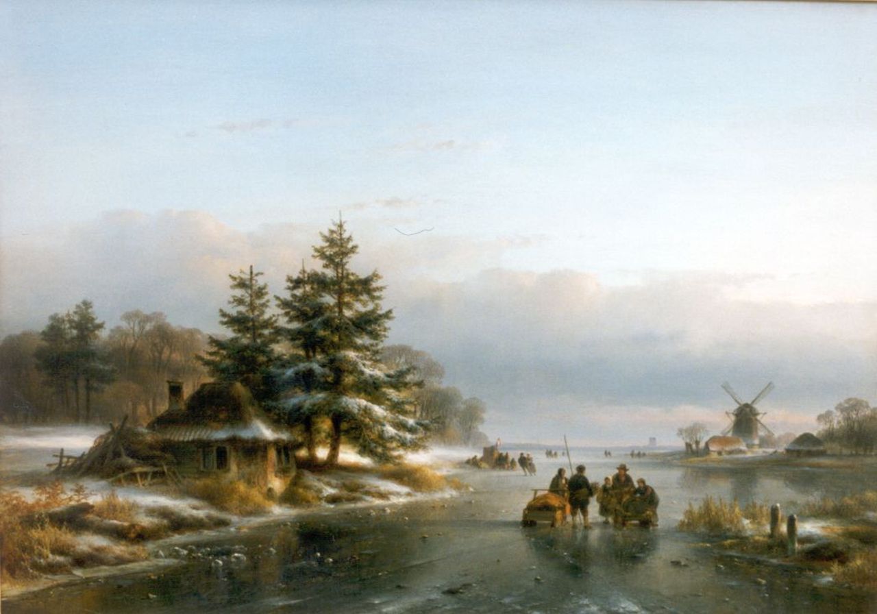Kleijn L.J.  | Lodewijk Johannes Kleijn, Gezicht op een bevroren rivier, olieverf op paneel 38,7 x 54,0 cm, gesigneerd rechtsonder