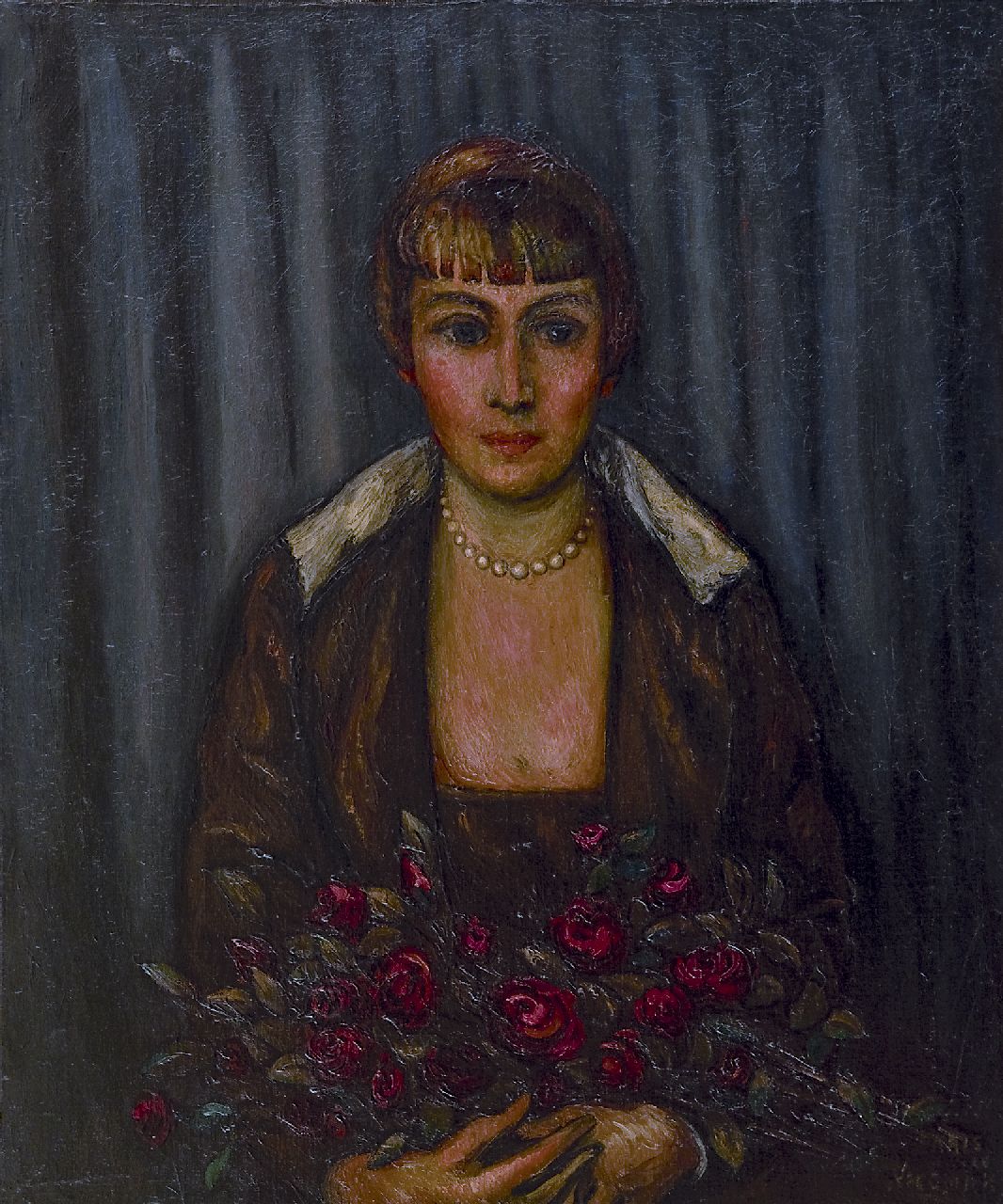 Wiegman M.J.M.  | Mattheus Johannes Marie 'Matthieu' Wiegman | Schilderijen te koop aangeboden | Vrouw met boeket rozen, olieverf op doek 65,2 x 54,2 cm, gesigneerd rechtsonder en gedateerd 'Paris '20'