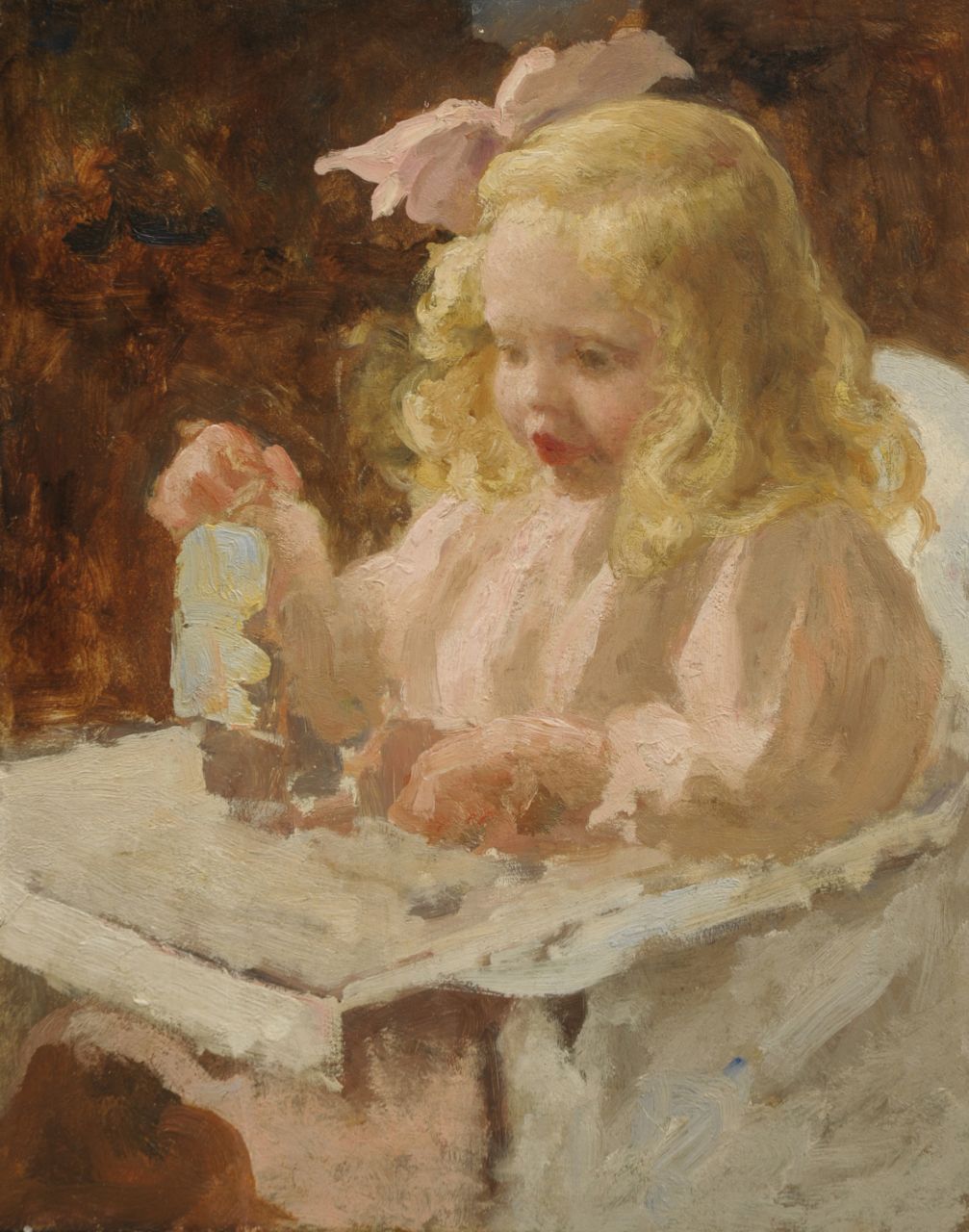Pieters E.  | Evert Pieters, Kinderportret van Maria Jacoba van Rijckevorsel op 3-jarige leeftijd, olieverf op paneel 39,8 x 31,8 cm, te dateren ca. 1913