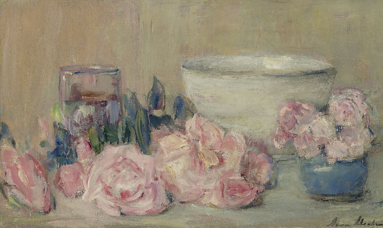 Abrahams A.A.  | Anna Adelaïde Abrahams, Stilleven van roze rozen, olieverf op doek 30,5 x 50,0 cm, gesigneerd rechtsonder