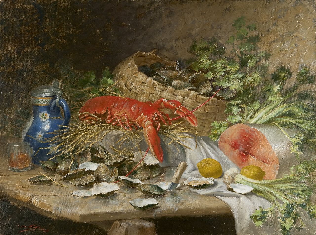Naeyer C. de | Charles de Naeyer, Stilleven met een kreeft, zalm en oesters, olieverf op doek 75,4 x 100,6 cm, gesigneerd linksonder en gedateerd '94