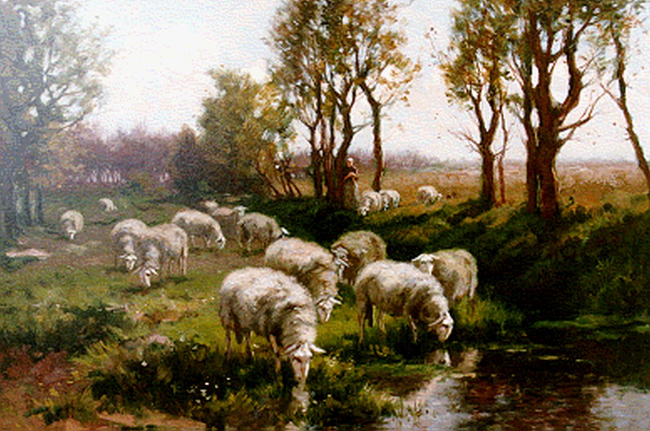 Leurs J.K.   | Johannes Karel Leurs, Herderin met kudde schapen, olieverf op doek 47,5 x 67,5 cm, gesigneerd rechtsonder