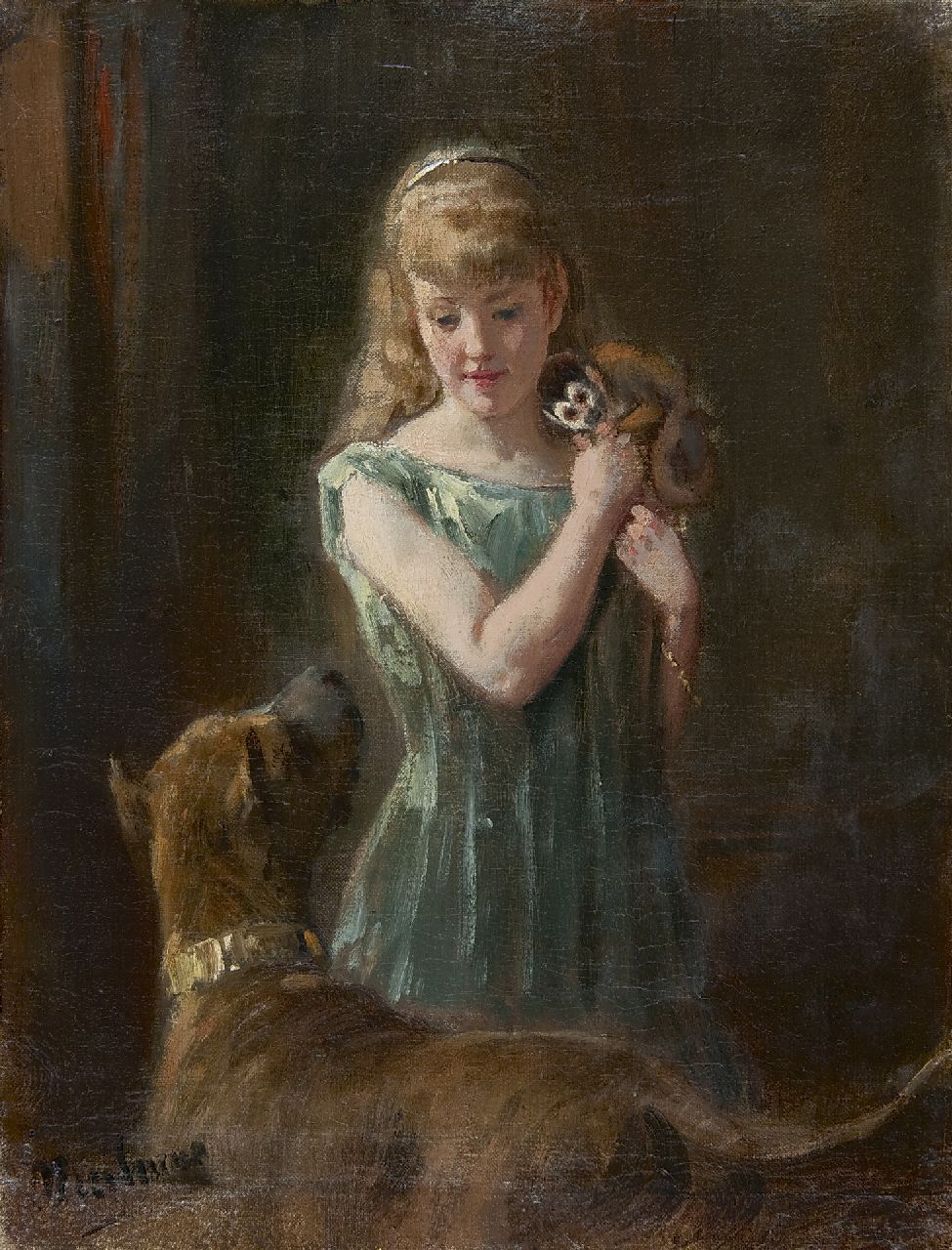 Eerelman O.  | Otto Eerelman, Meisje met aapje en hond, olieverf op doek 32,1 x 24,6 cm, gesigneerd linksonder