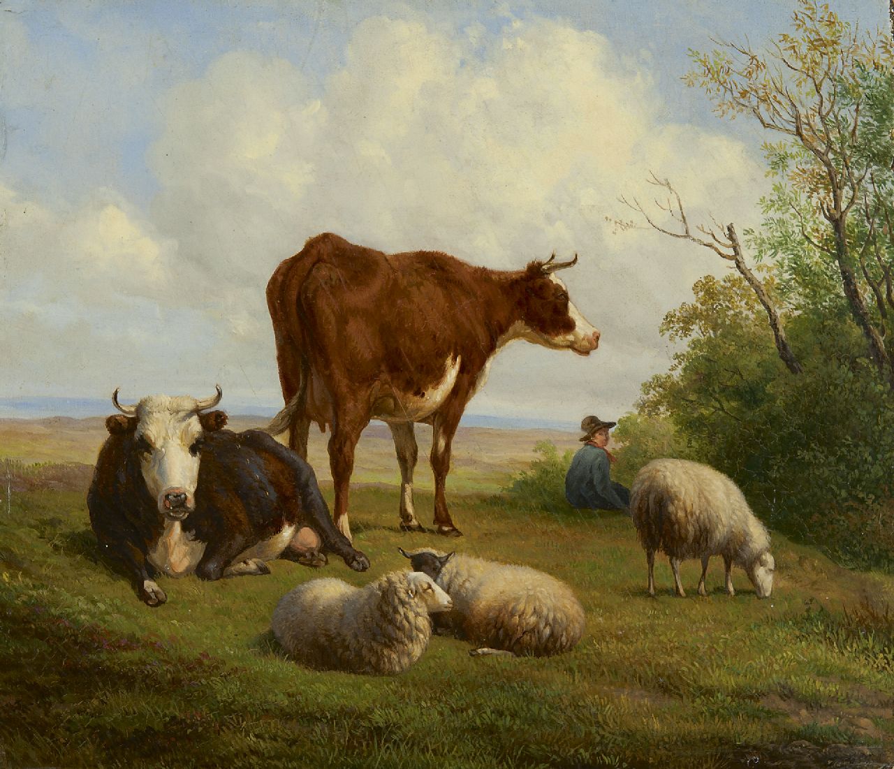 Sande Bakhuyzen H. van de | Hendrikus van de Sande Bakhuyzen, Landschap met herder en vee, olieverf op paneel 26,2 x 30,1 cm