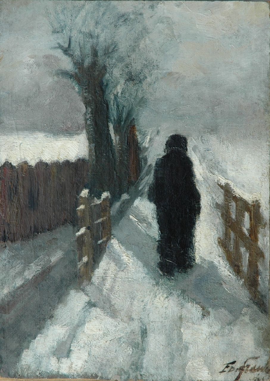 Frankfort E.  | Eduard Frankfort, Wandelaar in de sneeuw, olieverf op doek op paneel 39,7 x 28,4 cm, gesigneerd rechtsonder