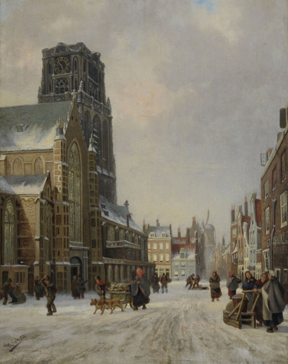 Franciscus van Gulik | Winters gezicht in Rotterdam met de Sint-Laurenskerk en de molen De Noord, olieverf op paneel, 40,5 x 32,4 cm, gesigneerd l.o. en gedateerd 1882