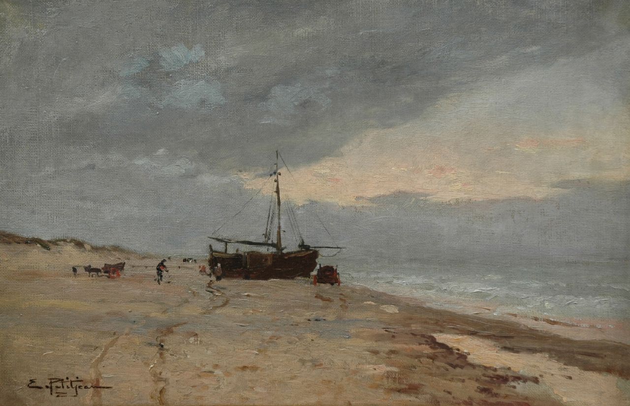 Edmond Marie Petitjean | Vissersschuit op Hollands strand bij vallende avond, olieverf op doek, 31,0 x 47,0 cm, gesigneerd l.o.