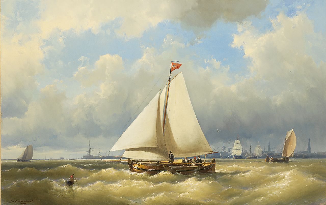 Koekkoek J.H.B.  | Johannes Hermanus Barend 'Jan H.B.' Koekkoek, Zeilende boeier voor het havenfront van Amsterdam, olieverf op doek 59,9 x 93,3 cm, gesigneerd linksonder