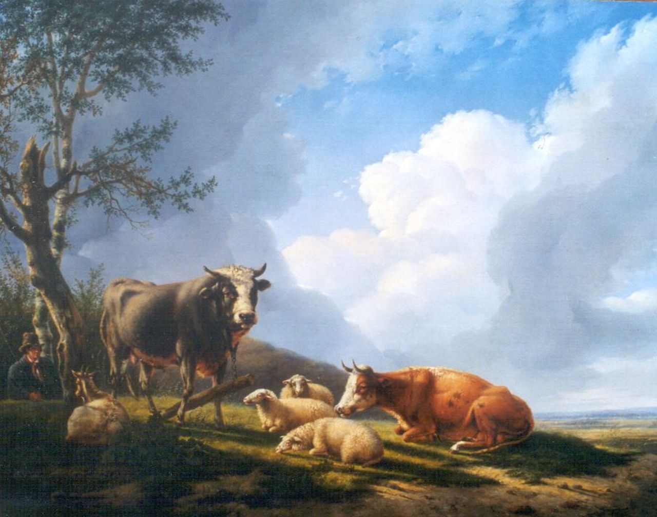 Hagenbeek Ch.  | Charles Hagenbeek, Rustend vee met herder, olieverf op doek 89,2 x 118,7 cm, gesigneerd met monogram op stier en op boomstam