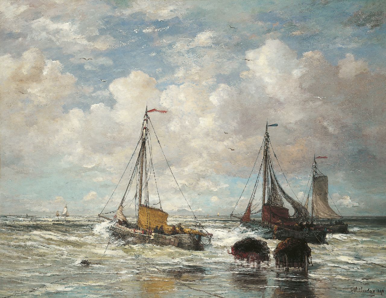 Mesdag H.W.  | Hendrik Willem Mesdag, Het uitvaren van de vloot, Scheveningen, olieverf op doek 138,7 x 178,6 cm, gesigneerd rechtsonder en gedateerd 1890