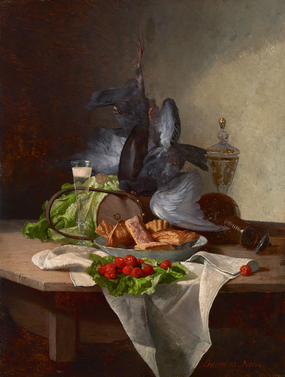 Noter D.E.J. de | 'David' Emile Joseph de Noter | Schilderijen te koop aangeboden | Stilleven met groente, pastei en wild, olieverf op paneel 30,4 x 22,8 cm, gesigneerd rechtsonder