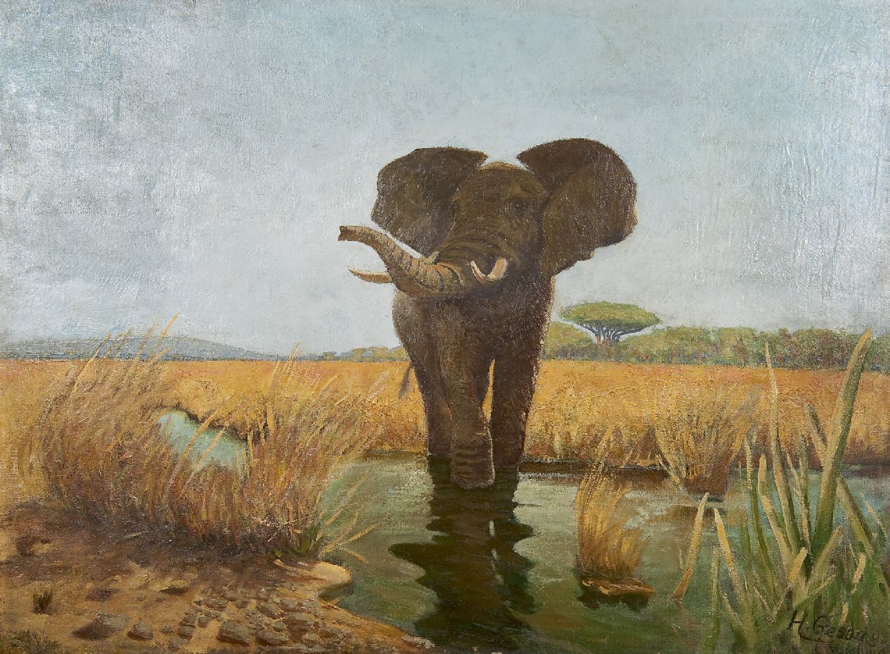 Gezda H.  | H. Gezda, Wadende olifant, olieverf op doek 70,6 x 93,0 cm, gesigneerd rechtsonder en gedateerd '93 [1893]