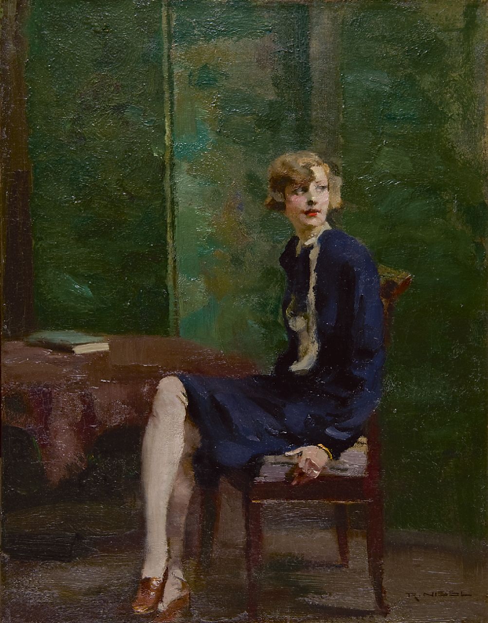 Nissl R.  | Rudolf Nissl, Zittende jonge vrouw 'blondes Mädchen', olieverf op doek 45,4 x 35,3 cm, gesigneerd rechtsonder