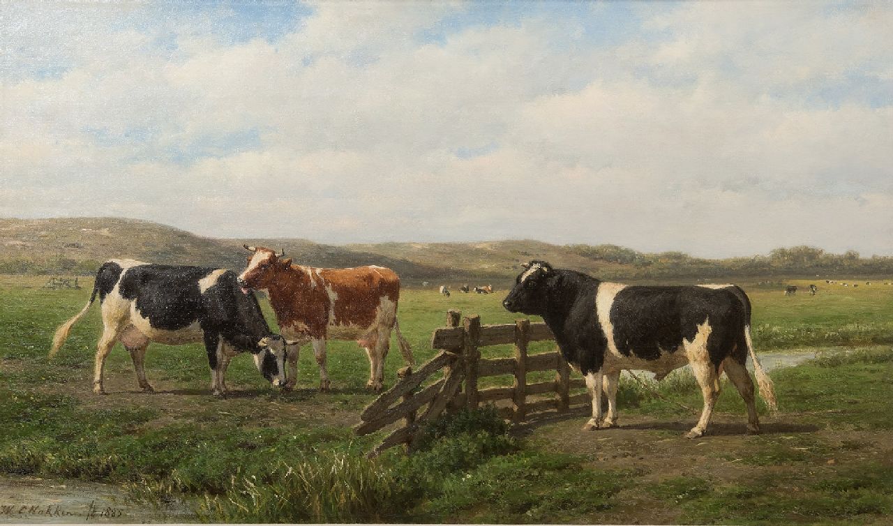 Nakken W.K.  | Willem Karel 'W.C.' Nakken, Koeien en stier bij een hek, olieverf op doek 42,4 x 72,5 cm, gesigneerd linksonder en gedateerd 1885