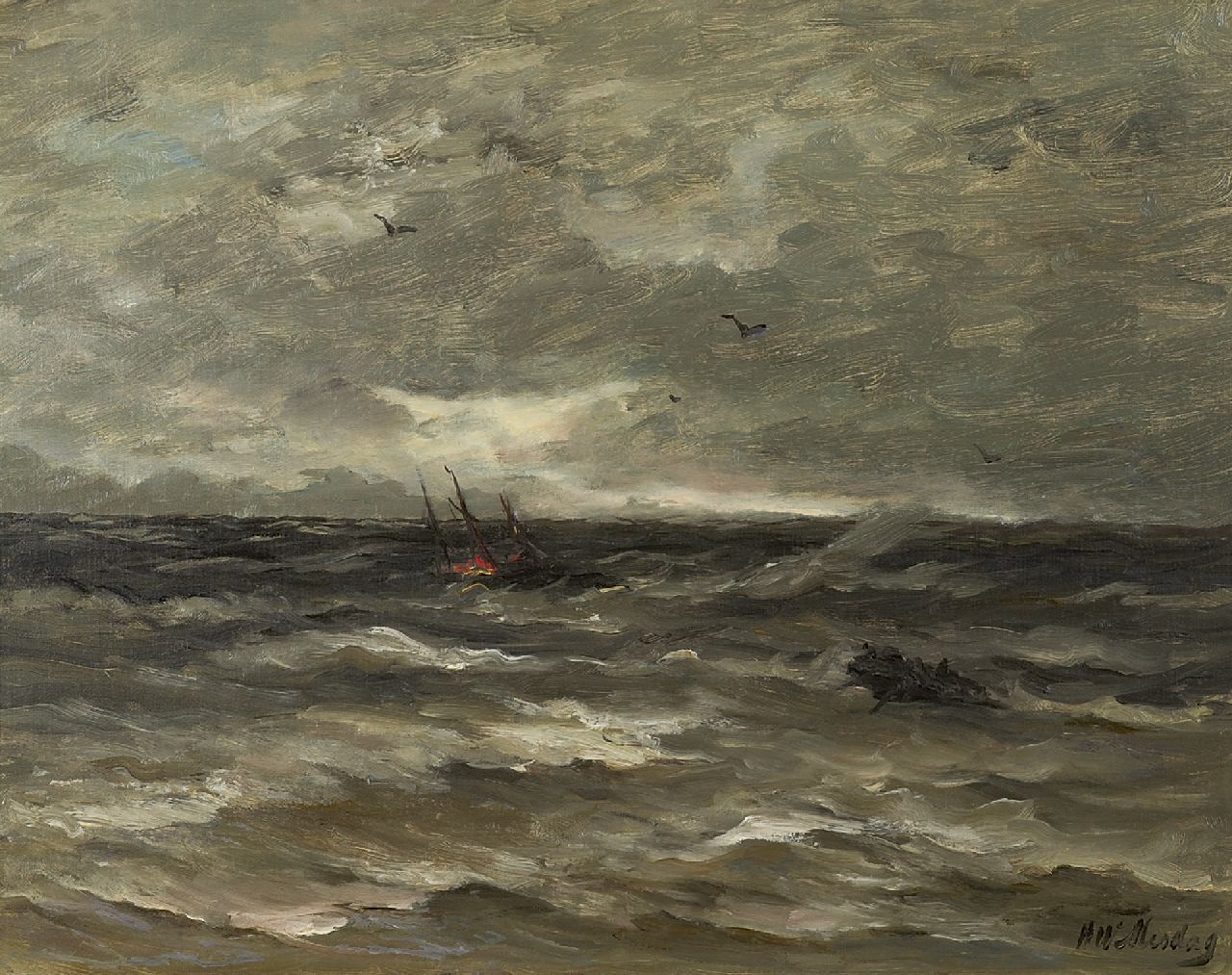 Mesdag H.W.  | Hendrik Willem Mesdag, Brandend schip op zee, olieverf op doek 40,0 x 50,0 cm, gesigneerd rechtsonder