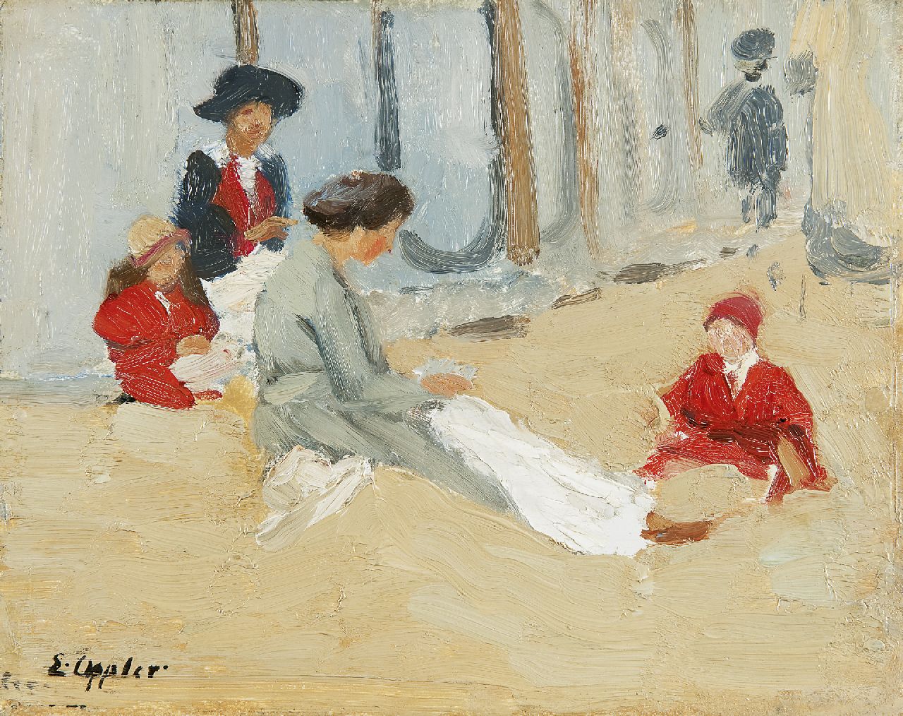 Oppler E.  | Ernst Oppler, Vrouwen en kinderen op het strand van Dieppe, olieverf op paneel 23,5 x 29,3 cm, gesigneerd linksonder en te dateren ca. 1910-1912
